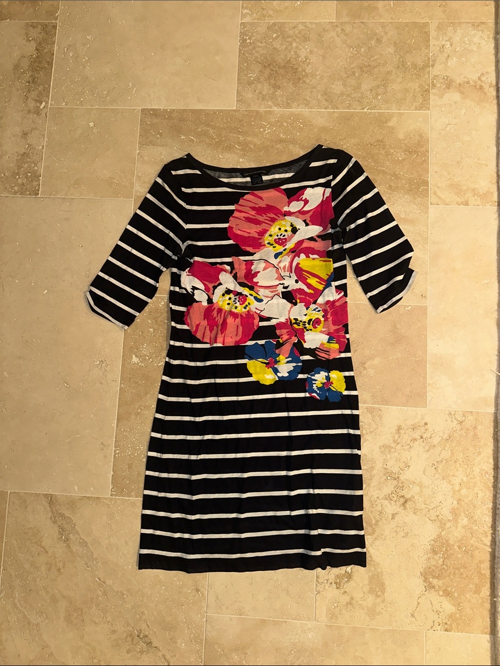 French Connection Women’s  Navy & White Stripe Dress with Pink Floral Print